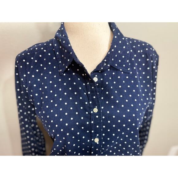 Loft blouse blue fine wale corduroy white dots button up collared Sz L NWT - Picture 2 of 7